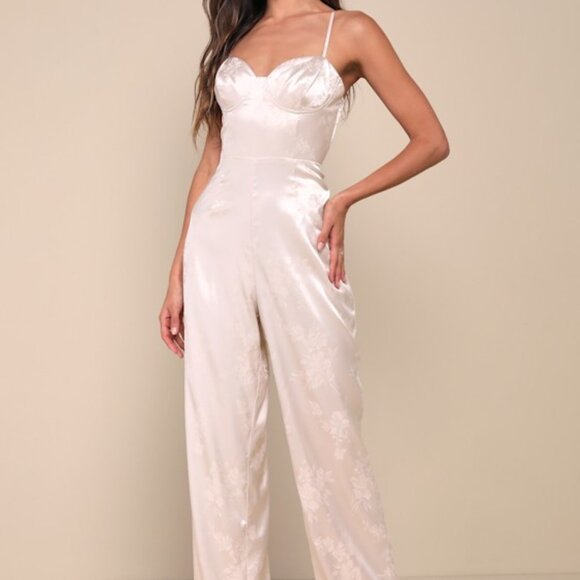 Lulus Sincerely Sensational Cream Satin Jacquard Lace-up Jumpsuit White - Picture 1 of 1